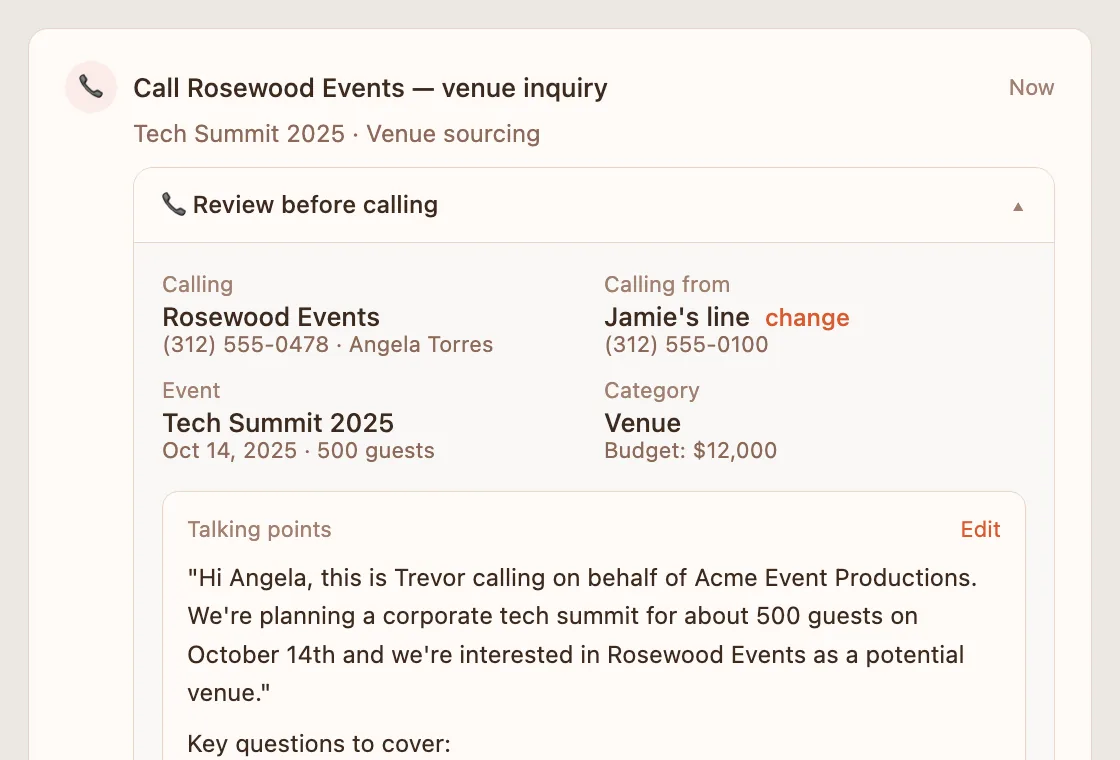 Call review card showing who is being called and the drafted talking points, ready to approve or edit